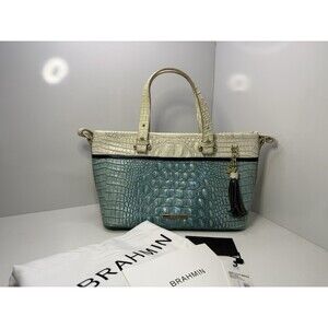Brahmin Mini Asher Tote Handbag – Astral Rahma Croc Embossed Leather, Blue/Ivory